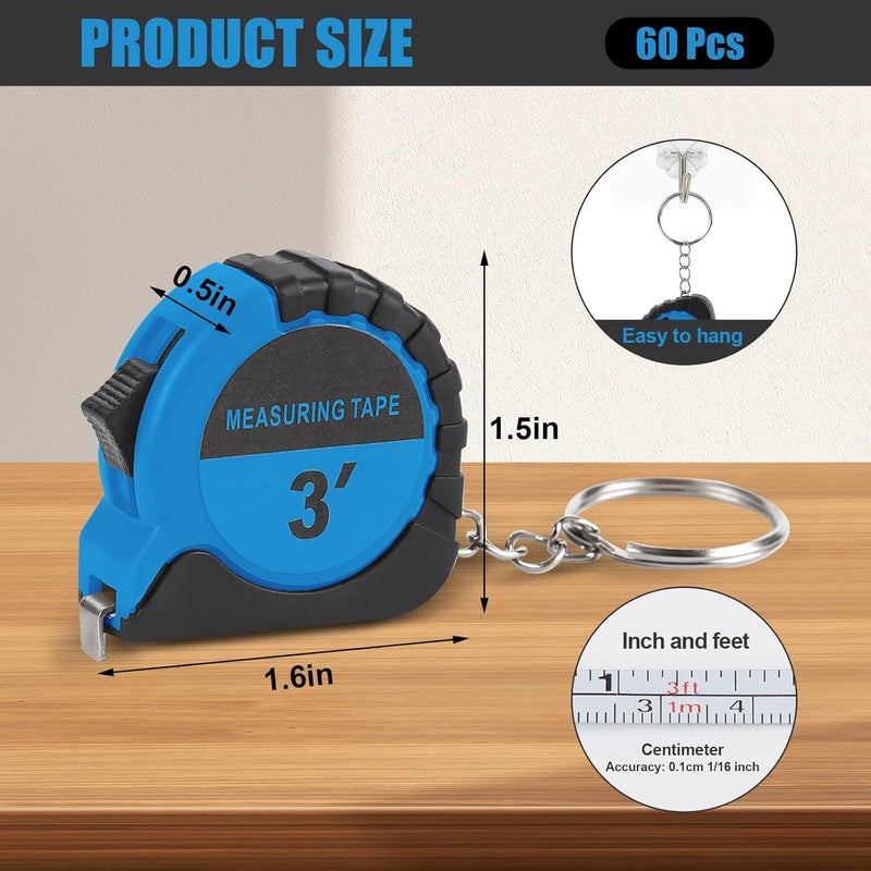 akrishely 60 Pcs Mini Measuring Tape Keychains 3 Ft Small Tape Measure Inch Metric Scale Bulk with Lock Steel Easy Read Pocket for Party Favors Birthday Daily Use（Blue） (Blue) - Image 2